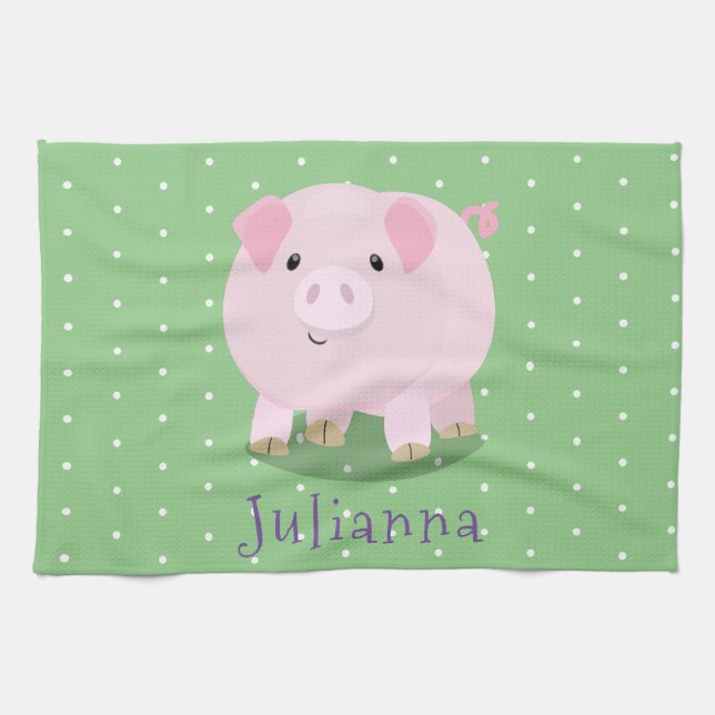 Cute pink pot bellied pig cartoon illustration kitchen towel (Horizontal)