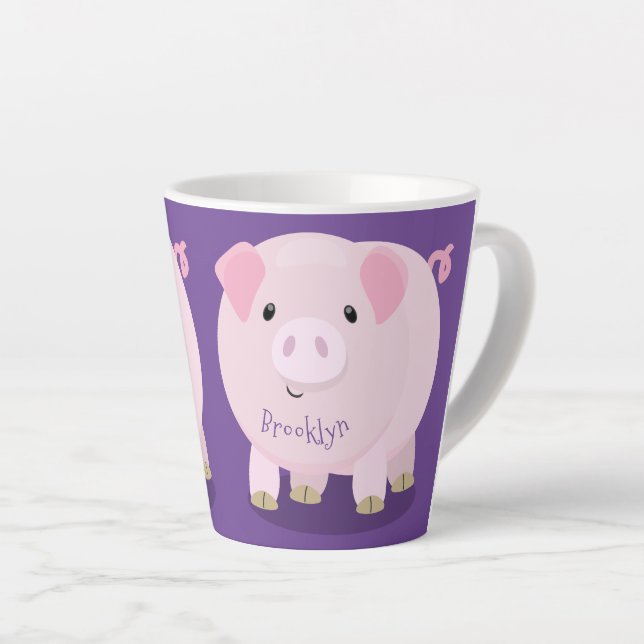 Cute pink pot bellied pig cartoon illustration latte mug (Right Angle)