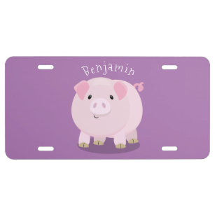 Cute pink pot bellied pig cartoon illustration  license plate