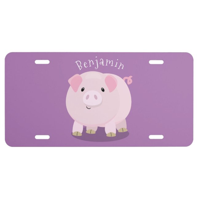 Cute pink pot bellied pig cartoon illustration  license plate (Front)