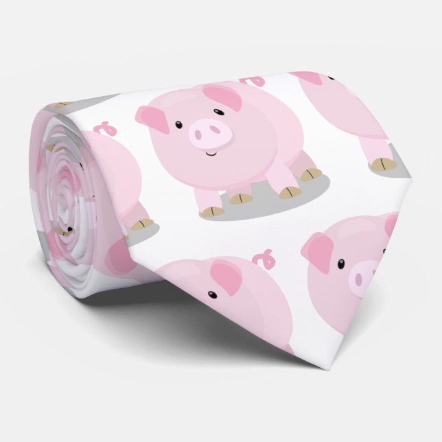 Cute pink pot bellied pig cartoon illustration neck tie (Rolled)