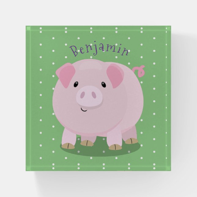 Cute pink pot bellied pig cartoon illustration paperweight (Front)