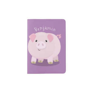 Cute pink pot bellied pig cartoon illustration passport holder