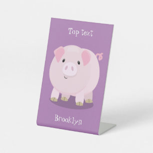 Cute pink pot bellied pig cartoon illustration pedestal sign