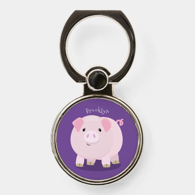 Cute pink pot bellied pig cartoon illustration phone ring stand (Front)