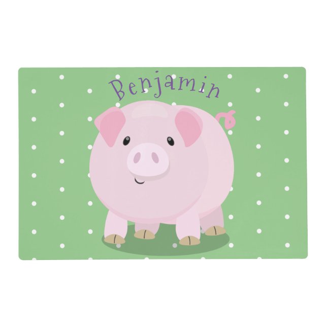 Cute pink pot bellied pig cartoon illustration placemat (Front)
