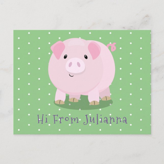 Cute pink pot bellied pig cartoon illustration postcard (Front)