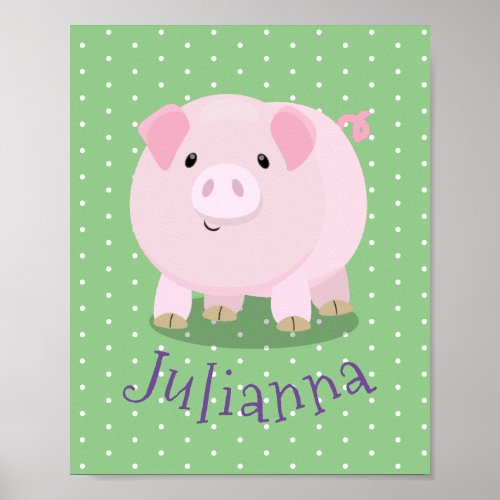 Cute pink pot bellied pig cartoon illustration poster