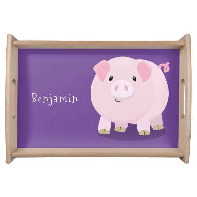 Cute pink pot bellied pig cartoon illustration serving tray (Front)