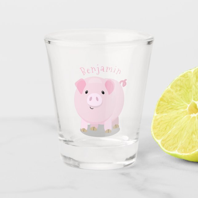 Cute pink pot bellied pig cartoon illustration shot glass (Front)
