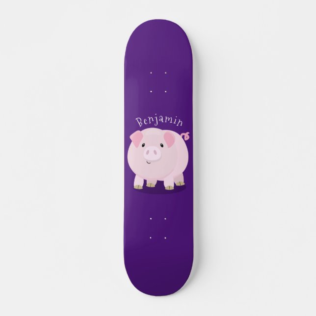 Cute pink pot bellied pig cartoon illustration skateboard (Front)