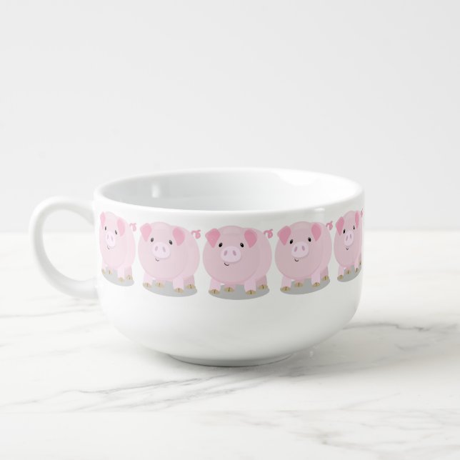 Cute pink pot bellied pig cartoon illustration soup mug (Right)