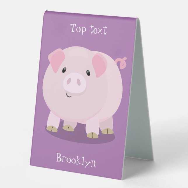 Cute pink pot bellied pig cartoon illustration table tent (Front)