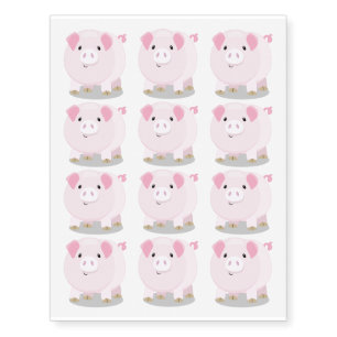 Cute pink pot bellied pig cartoon illustration temporary tattoos