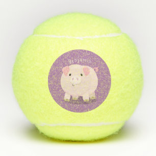 Cute pink pot bellied pig cartoon illustration tennis balls