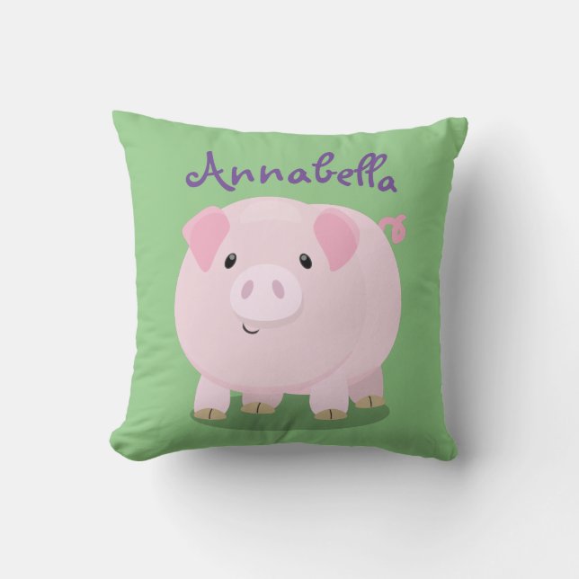 Cute pink pot bellied pig cartoon illustration throw pillow (Front)