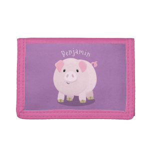 Cute pink pot bellied pig cartoon illustration tri-fold wallet