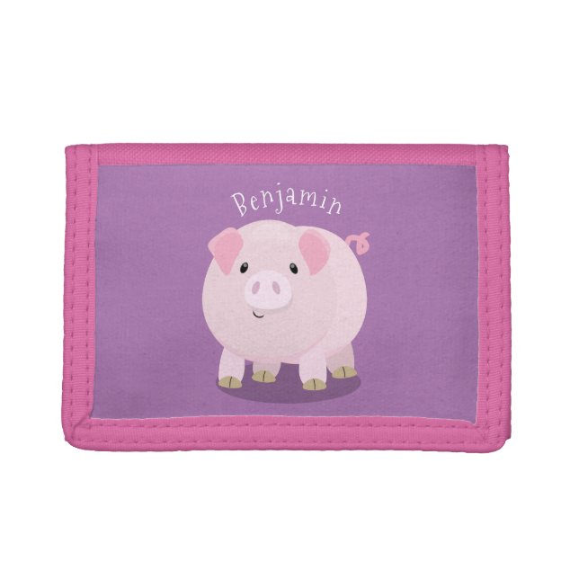 Cute pink pot bellied pig cartoon illustration trifold wallet (Front)