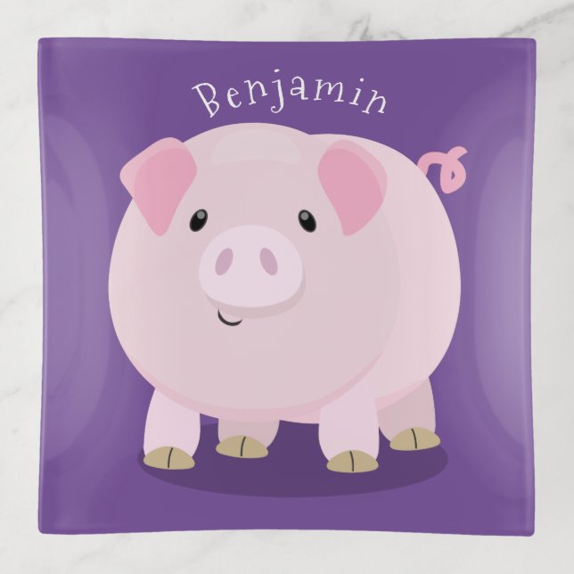 Cute pink pot bellied pig cartoon illustration trinket tray (Front)