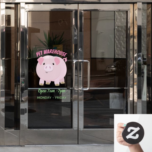 Cute pink pot bellied pig cartoon illustration window cling (Office Door)
