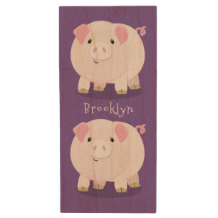 Cute pink pot bellied pig cartoon illustration wood flash drive
