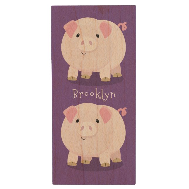 Cute pink pot bellied pig cartoon illustration wood flash drive (Front Vertical)