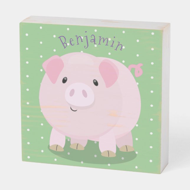 Cute pink pot bellied pig cartoon illustration wooden box sign (Angled Horizontal)