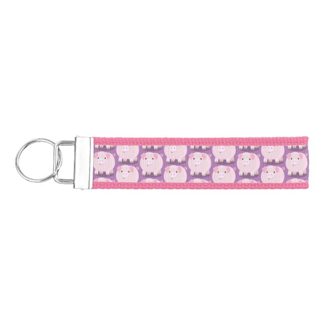 Cute pink pot bellied pig cartoon illustration wrist keychain (Keys on Left)