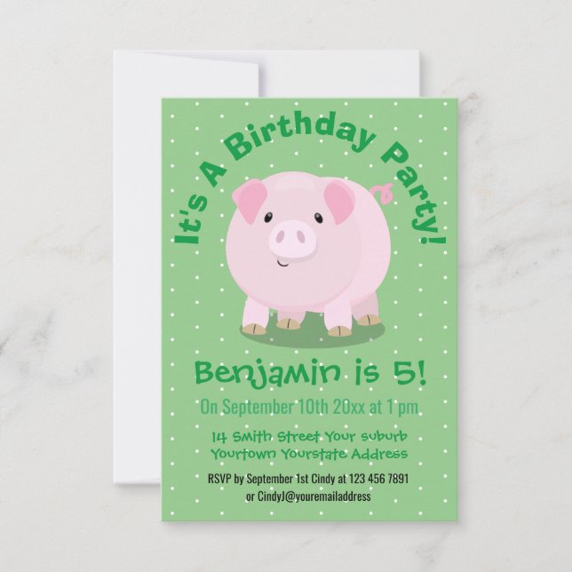 Cute pink pot bellied pig personalized birthday invitation (Front)