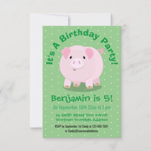 Cute pink pot bellied pig personalized birthday invitation