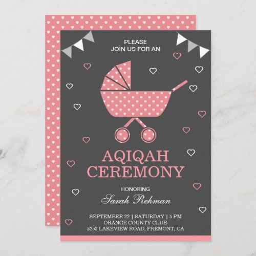 Cute Pink Pram Baby Girl Aqiqah Invitation