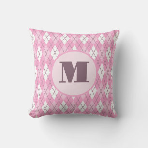 Cute pink preppy argyle custom monogram throw pillow