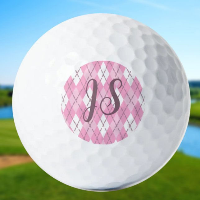 Cute pink preppy argyle ladies custom monogram golf balls (Creator Uploaded)