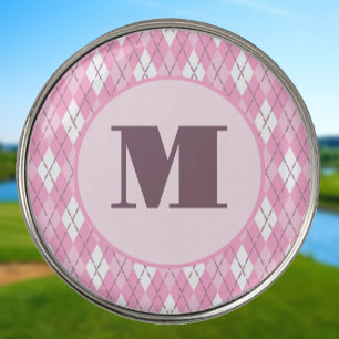 Cute pink preppy argyle monogram personalized golf ball marker