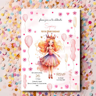 Cute pink princess and balloons birthday invitation
