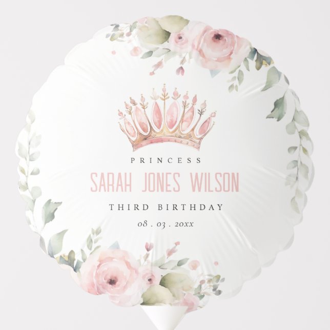 Cute Pink Princess Crown Tiara Floral Birthday Balloon (Front)