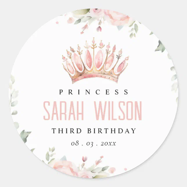 Cute Pink Princess Crown Tiara Floral Birthday Classic Round Sticker ...