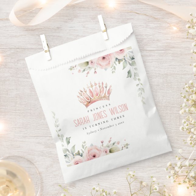 Cute Pink Princess Crown Tiara Floral Birthday Favor Bag (Clipped)