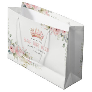 Cute Pink Princess Crown Tiara Floral Birthday Large Gift Bag