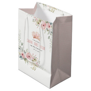 Cute Pink Princess Crown Tiara Floral Birthday Medium Gift Bag