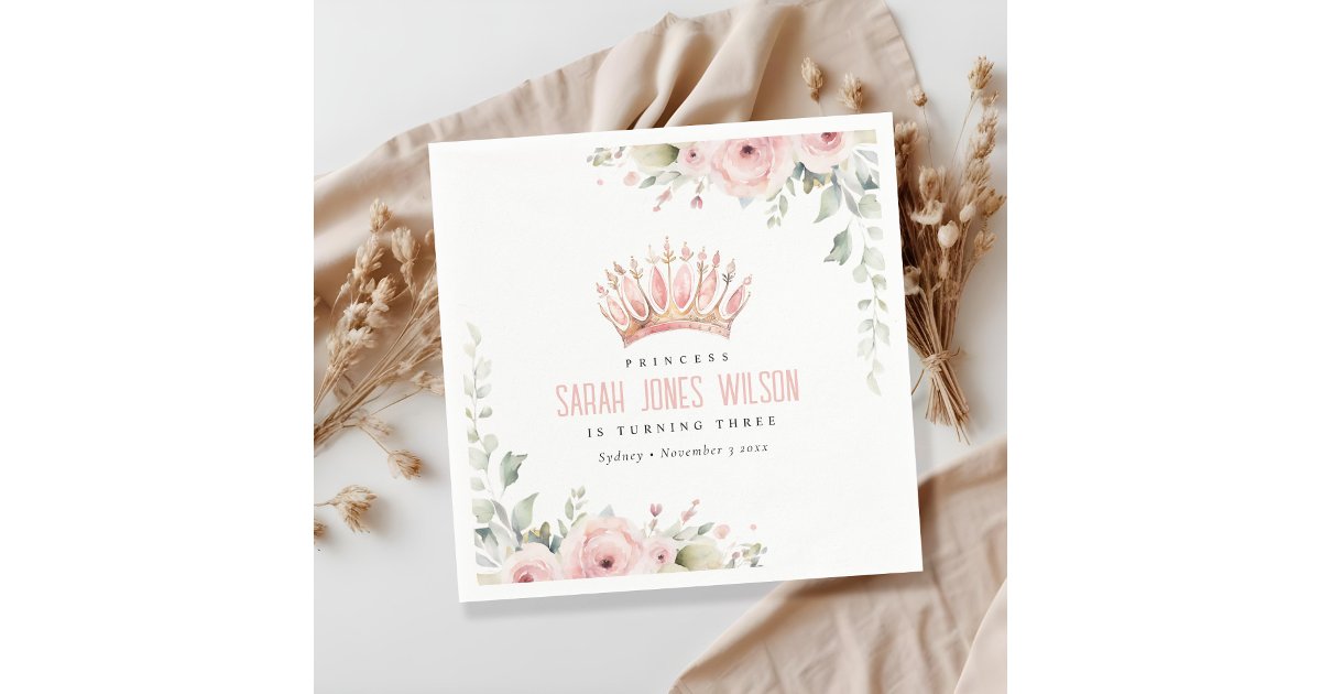 Cute Pink Princess Crown Tiara Floral Birthday Napkins | Zazzle