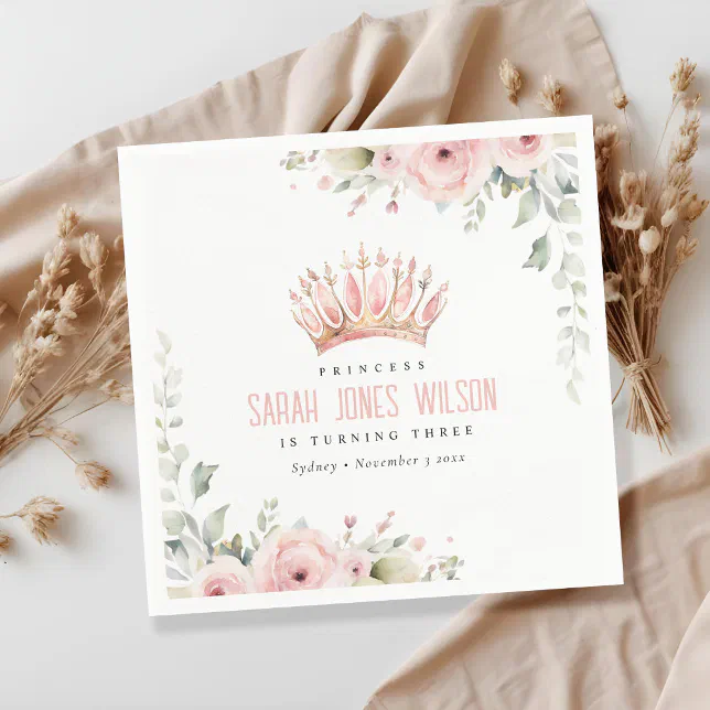 Cute Pink Princess Crown Tiara Floral Birthday Napkins | Zazzle