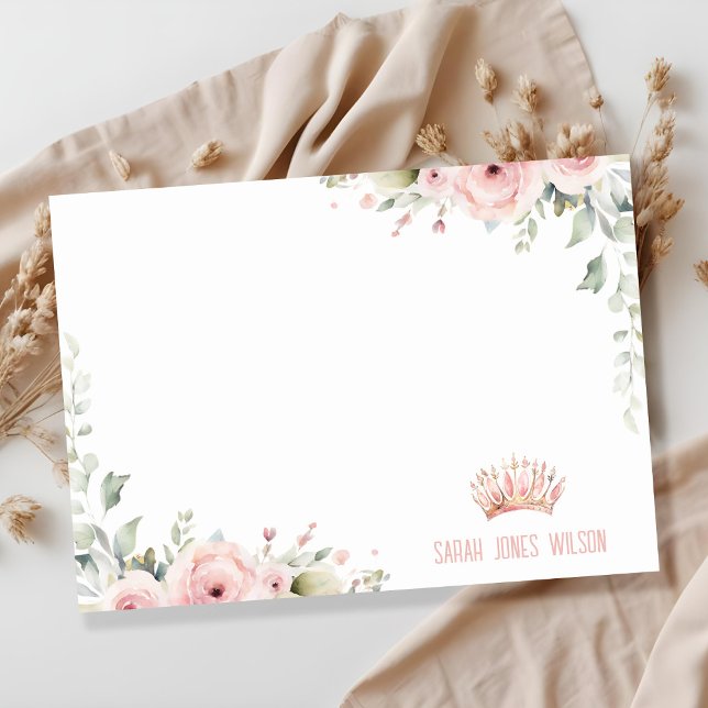 Cute Pink Princess Crown Tiara Floral Birthday Note Card (Creator Uploaded)
