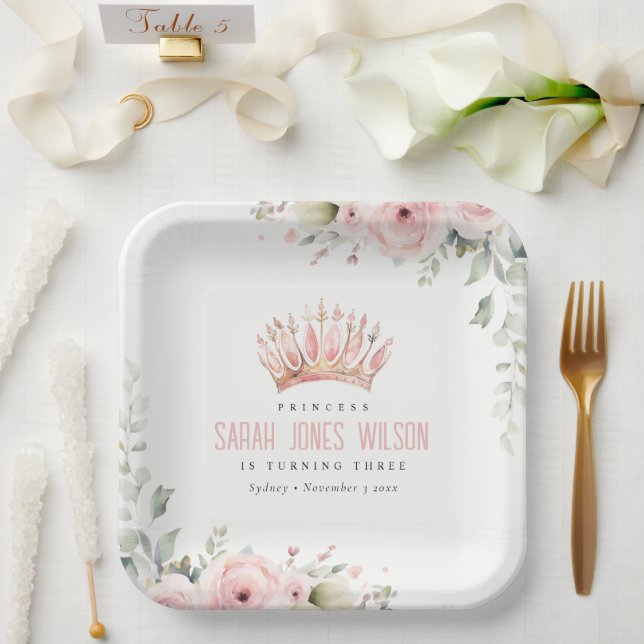 Cute Pink Princess Crown Tiara Floral Birthday Paper Plates (Wedding)