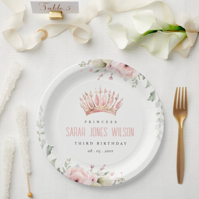 Cute Pink Princess Crown Tiara Floral Birthday Paper Plates (Wedding)