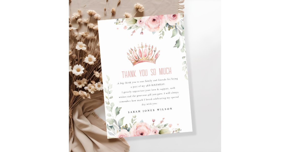 Cute Pink Princess Crown Tiara Floral Birthday Thank You Card | Zazzle