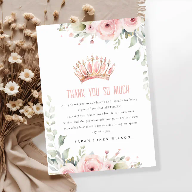 Cute Pink Princess Crown Tiara Floral Birthday Thank You Card | Zazzle