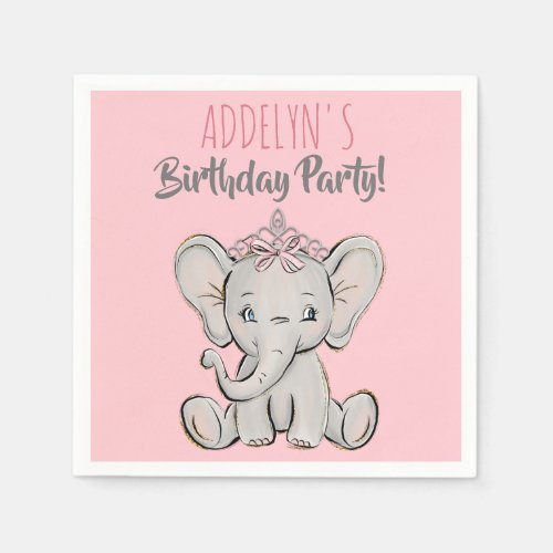 Cute Pink Princess Elephant Childs Birthday Party Napkins