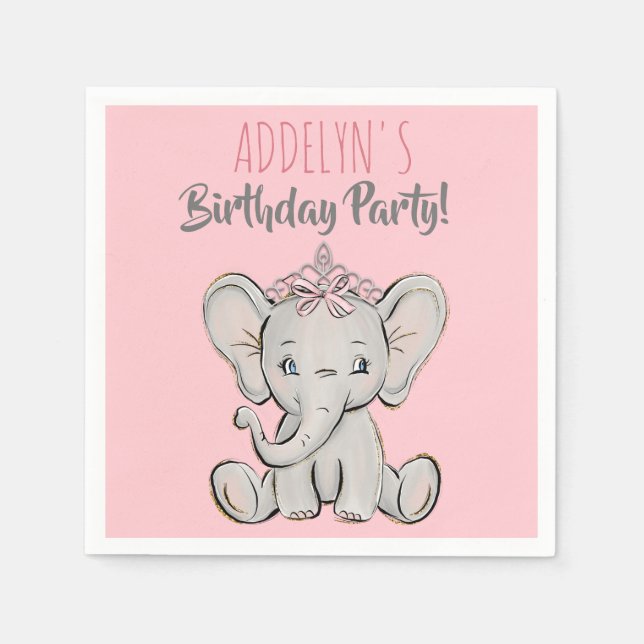Cute Pink Princess Elephant Child's Birthday Party Napkins (Front)