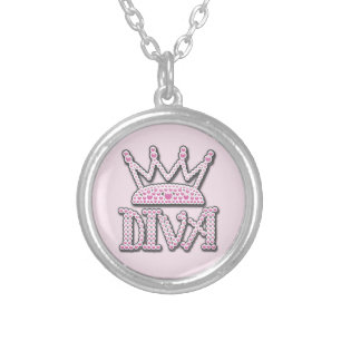 Cute Pink Printed Pearls Diva Crown Silver Plated Necklace